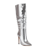 Women Stiletto Pleated Boots Knee High Gold Silver Blue Mirror Boots Sexy Pointed High Heels Pleaser Shoes Carnival