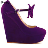 Flock Wedges Women Pumps High Heels Platform Ladies Bow Pump Fashion Round Toe Mary Janes Party Wedding
