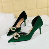 Breakj 79 Banquet Women's Shoes High Heel Suede Shallow Tip Side Hollow Water Diamond Buckle Pearl Bow Single