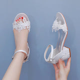 Breakj Cm Square Sandals Shallow Mouth With Coarse Sandals Horseshoes And White Lace Flowers Bride Wedding