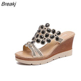 Shoes Women Summer Peep Toe Breathable Beach Sandals Rhinestone Slip-On Wedges Shoes