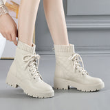 Style Little Martin Boots, Leather, Thick Soles, Fluffy Rice, White Ties, Flat-Soled Chelsea