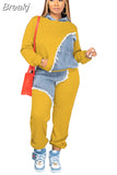 Fall Winter Casual Hoody Two Piece Sets Women Outfits Fashion Denim Splicing Long Sleeve Pullover And Pants