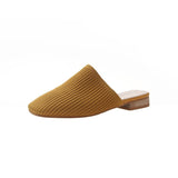 Women Mules Slippers Female Summer Flats Sandals Knit Fabric Stretch Slides Holiday Beach Shoes Square Heel Square Toe