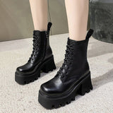 Women's Ankle Boots Zip Lace Up Square Toe Ladies Boots Thick Bottom Non-slip High Heels Female Shoes Winter Footwear