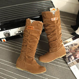 Women Lace Nubuck Flat Heels Winter Snow Boots Shoes Women's Flock Plush Padded Winter Long Riding Motorcycle Boots
