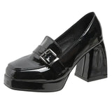 New Chunky High Heels Loafers Women Metal Buckle Square Toe Platform Pumps Woman Pu Leather Office Work Shoes
