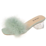 Fluffy Peep Toe Sexy High Heels Women Shoes Fur Feather Lady Fashion Wedding Slip-On Pink Square Sandals Tacones