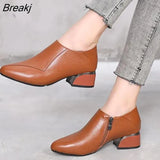 Pointed Toe Mid Heels Women 2023 Autumn Single Shoes Woman Soft Genuine Leather Shoe Square Heel Female Side