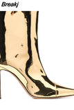 Ankle Boots Pointed Toe High Heels Shoes Nightclub Stiletto Shiny Leather Demonia Boots Metal Gold Women Mid Calf