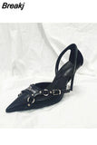High-Heeled Shoes Lady Woman's Slippers Slides Pointed Toe Low 2023 Cover Rome Basic PU Fabric Scandals Hoof Cover Toe
