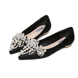 Crown Pearl soft Flats Wedding Shoes Pointed Toe Women Dress Moccasins Low Pearl Heel Ladies Fashion Luxury plus size