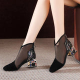 NEW Mesh Sandals Boots Women Mesh Ankle Boot for Summer Mid Heel Rhinestone Ponited Toe Shoes Hollow Out Back Zip