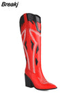 Big Size 34-43 Women Knee High Boots Cowboy Autumn Thick High Heels Pointed Toe Retro Butterfly Long Boots Shoes
