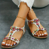 Beaded Flowers Flat Heeled Sandals Women Summer 2023 Plus Size Open Toe Bohemian Sandals Woman Elastic Strap Rome