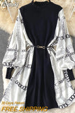 Women Floral Print Patchwork Sweater Dress 2023 Autumn Fashion O-neck Long Sleeve Loose Waist Belted A-line Casual Female