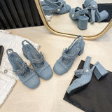 Women Summer 7cm High Heels Shoes Sandals Lady Bling Mules Slingback Silver Pumps Female Denim Sandals Bridal Quality
