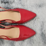 Women Sandal Pointed Toes High Heels Sexy 5cm Low Heels Casual Back Empty Buckle Pumps Red Wedding Shoes Large