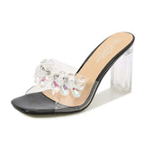 Fashion Girl Bow Crystal Slippers Sexy Transparent Dress Heel Shoes Summer Pearl Bowknot Design 2023 Elegant Party