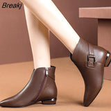 Women Ankle Boots 2023 Autumn Winter Zip PU Leather Thick Low Heel Belt Buckle Casual Shoes Plus velvet Bota Feminina Cano