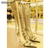 New Metal Rivet Women High Knee Boots Pointed Toe Thin Heels Designer Shoes Party Tassels Zipper-Sid Long Botas De