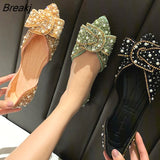 Rhinestone Female Flat Shoes Female Korean Version Bow Tie Shallow Mouth Toe Tip Women's Single