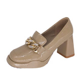 New Square Heels Chain Pumps Women Fashion Slip on Patent Leather Chunky Platform Shoes Spring Mary Janes Female High