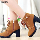 Women Shoes Women Fashion High Heel Lace Up Ankle Boots Ladies Buckle Platform Artificial Leather Shoes bota feminina