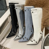 New Metal Rivet Women High Knee Boots Pointed Toe Thin Heels Designer Shoes Party Tassels Zipper-Sid Long Botas De