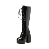 Knee High Boots Women 14.5cm Thick Heels Glossy Patent Leather Punk Lace-up Comfy Zip Platform Shoes Large Size