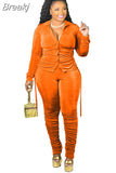 Casual Ruched Design Two Piece Sets Women Long Sleeve Side Lace Up Top And Stacked Pants Plus Size Solid Outfits
