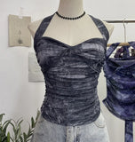 Solid Shot Tie-Dye-Dyed Denim Print Folding Mesh Sling Sling Sling Neck With Bow Striped Backwear