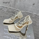 Summer New Sexy Yellow Mesh Pumps Sandals Female Square Toe High Heel Lace Up Cross-tied Stiletto Hollow Dress