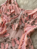 Elegant Women Pink Butterfly Embroidery Bodysuits Sexy Spaghetti Strap See Through Mesh Lace-up Bandage Club Body