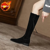 for Woman Elegant with Low Heels Women's Boots Tassel Long Footwear Winter Knee High Shaft Black Gothic Fashion 2023
