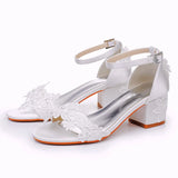 Breakj Cm Square Sandals Shallow Mouth With Coarse Sandals Horseshoes And White Lace Flowers Bride Wedding