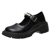 Buckle Mary Jane Shoes Thick-Soled Flat-Soled Spring Single Shoes Round Head White Bright Leather Small British Leather
