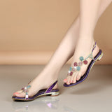 New Summer Leather Women's Sandals, Diamond, Low-Heeled Crystal Slippers, Toe Slippers, Thick Heels, Flower