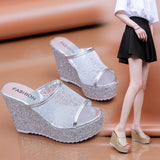 Golden Women Slippers Summer Shoes Platform(4cm) Outside Fitting-room 11cm High Heels Wedges Solid Mesh Female