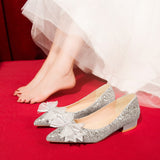 Butterfly-knot Flat Wedding Shoes Slip Shoes Women Shiny Gold Silver Bridal Shoes Beaded Flat Heels Med