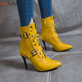 Winter 2023 Mid-Calf Boots Women Pointed Toe Super High and Thin Heel Shoes Buckle Cross-Tied Decorate Size 3~19