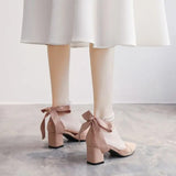 Thick Heel Sandals Pointed Toe String Bead Chain High Heels Sweet Bow Ladies Pumps Mid Hollow Party Dress Single