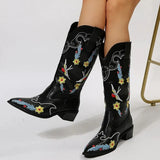 Pointed Toe Cowboy Boots Women Mid Calf Thick Heels Cowgirl Boots Woman Slip On Pu Leather Western Botas Plus Size