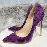 Purple Embossed Crocodile Effect Women Pointy Toe Slip On High Heel Shoes for Party Sexy Ladies Dress Stiletto