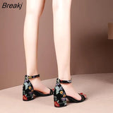 Women Sandals Embroider Ankle Strap Sandal High Heels Dress Shoes Flower Ladies Shoes Sandalias zapatillas