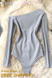 Shoulder Long Sleeve Basic Bodysuit Top Solid Rib Knit Slim Fit Stretch Spring Autumn Women Sexy Skinny