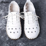 Sole Hollow Single Shoes Women's 2023 Vintage Leather Low Heels Casual Shoes Female Outdoor Lace Up Non Slip Loafers