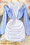 Shoulder Shirt Patchwork Bodycon Mini Dress Women Fashion Streetwear O-neck Long Sleeve Slim Drawstring Ruched Party