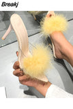 Woman Feather High Heels Fur PVC Slippers Sandals Women Peep Toe Mules Lady Pumps Slides White Pink Black Plus Size