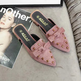 Shoes Mules For Women 2024 Ladies' Slippers Rivet Cover Toe Butterfly-Knot Low Square heel Loafers Flock New Pointed